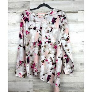 Calvin Klein Women’s M Pink Floral Chiffon Roll Tab Sleeve Asymmetrical Blouse